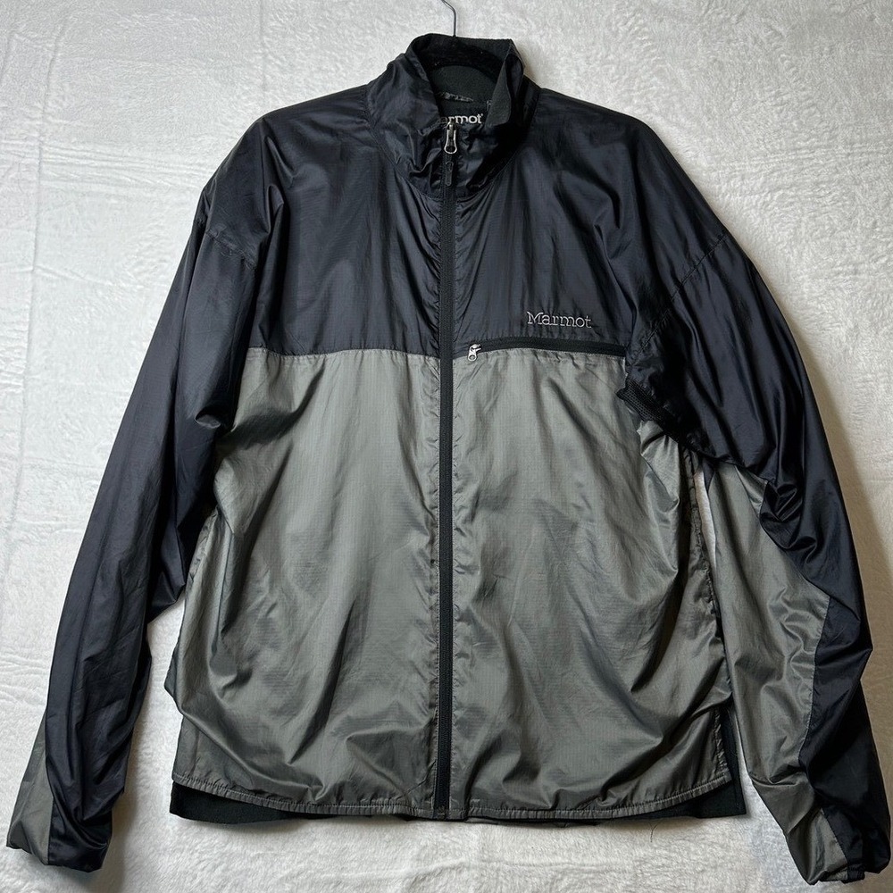 Marmot Mens Windbreaker Jacket Large Black Gray Fleece Lined Ripstop Full Zip
